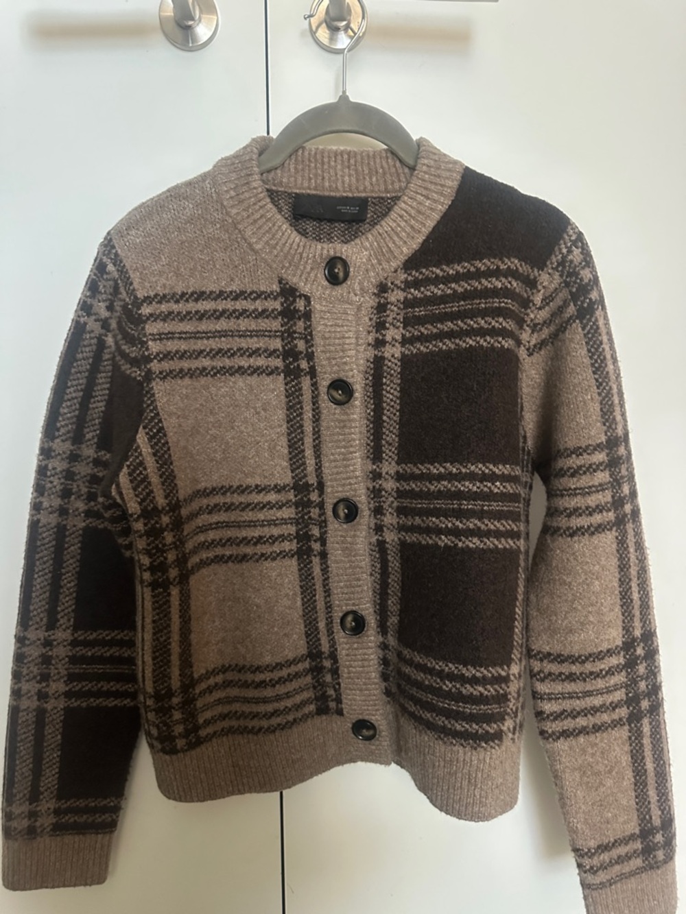 Zara Plaid Button-Front Cardigan Sweater - Brown & Dark Brown